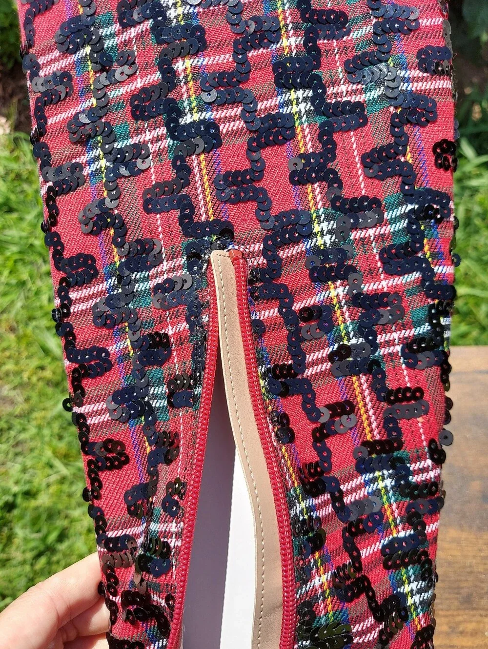 Betsey Johnson Pamella Red & Black Plaid Mid Calf Heeled Boots Womens Size 6 NWT